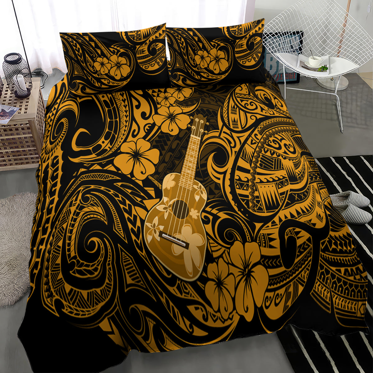 Hawaii Ukulele Bedding Set Polynesian Pattern Gold Version - Wonder Print Shop