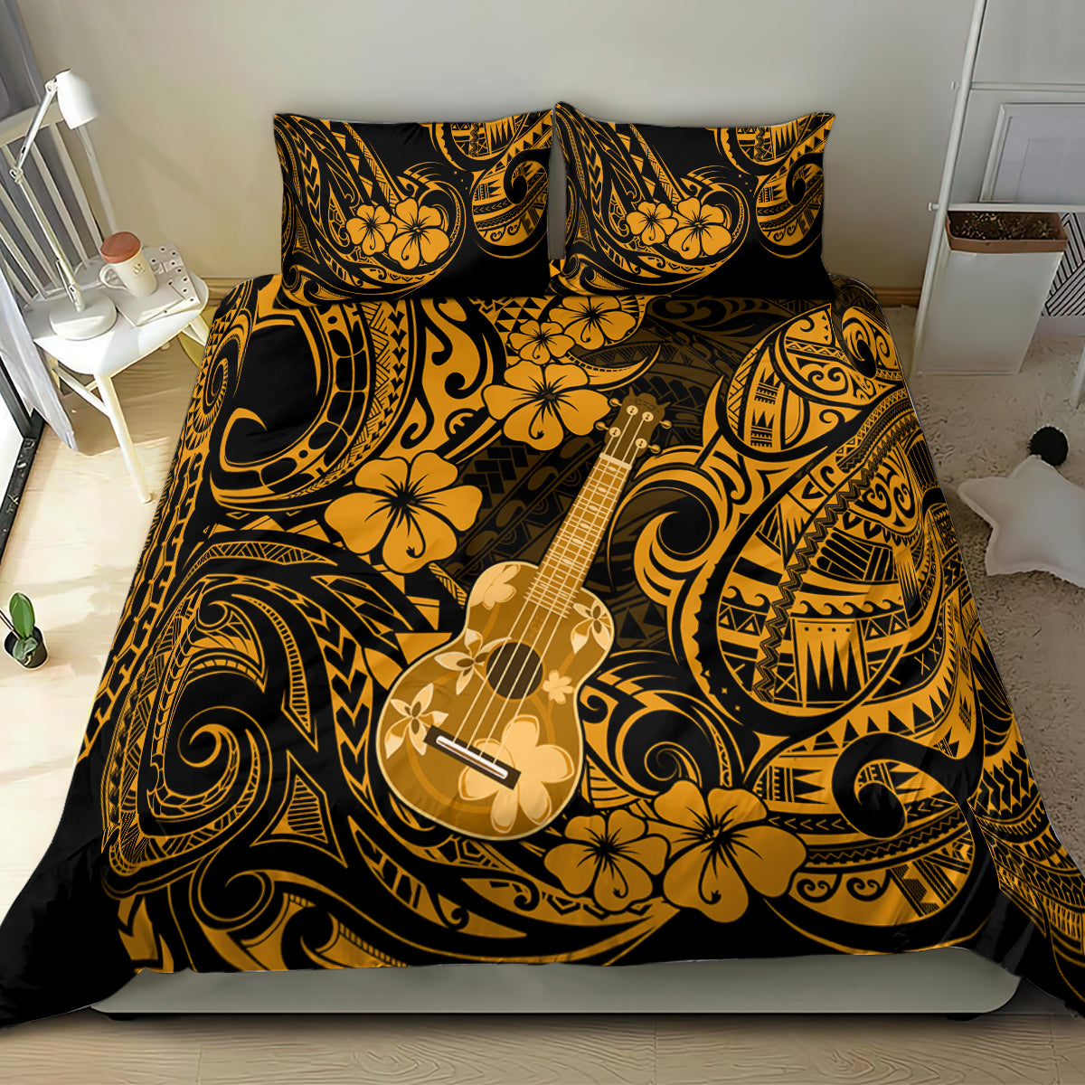Hawaii Ukulele Bedding Set Polynesian Pattern Gold Version - Wonder Print Shop