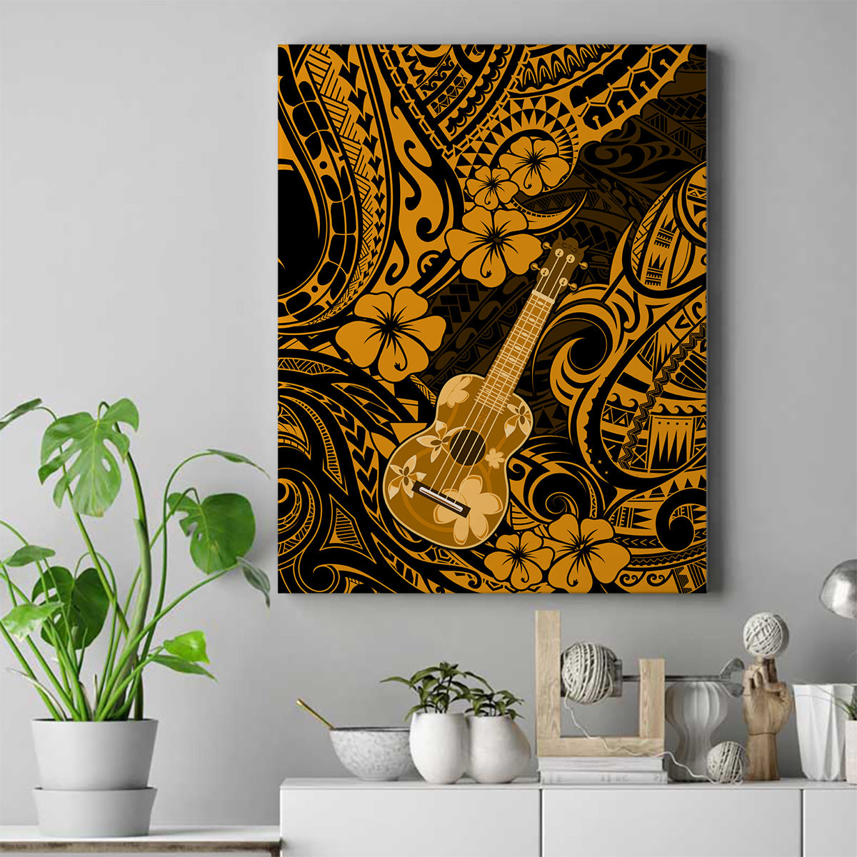 Hawaii Ukulele Canvas Wall Art Polynesian Pattern Gold Version - Wonder Print Shop