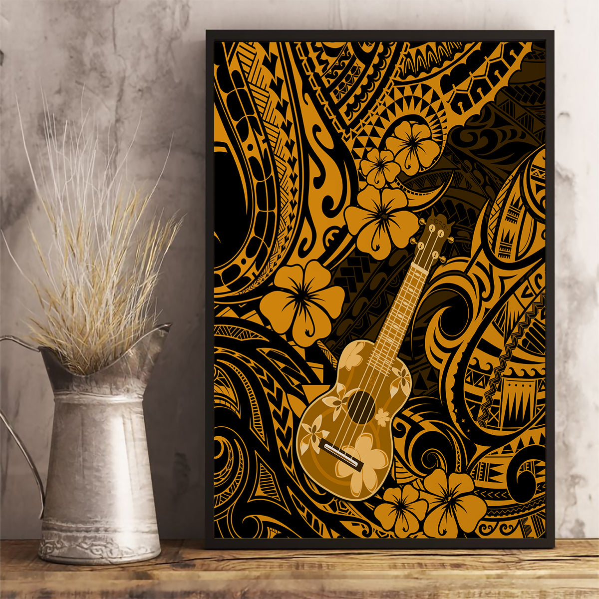 Hawaii Ukulele Canvas Wall Art Polynesian Pattern Gold Version - Wonder Print Shop