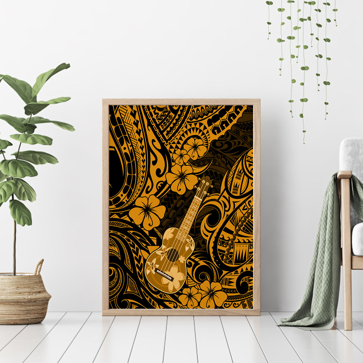 Hawaii Ukulele Canvas Wall Art Polynesian Pattern Gold Version - Wonder Print Shop