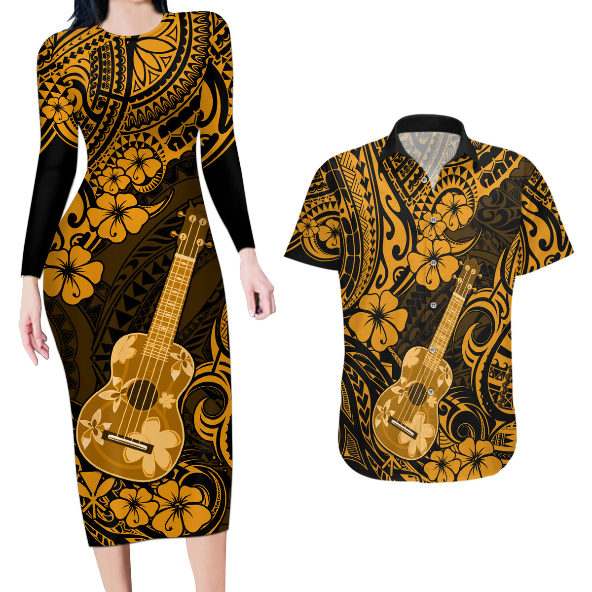 Hawaii Ukulele Couples Matching Long Sleeve Bodycon Dress and Hawaiian Shirt Polynesian Pattern Gold Version - Wonder Print Shop