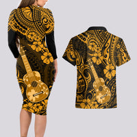 Hawaii Ukulele Couples Matching Long Sleeve Bodycon Dress and Hawaiian Shirt Polynesian Pattern Gold Version - Wonder Print Shop