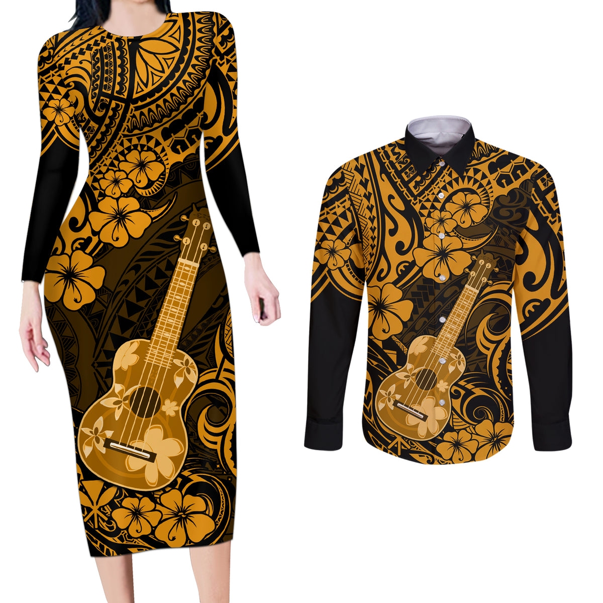 Hawaii Ukulele Couples Matching Long Sleeve Bodycon Dress and Long Sleeve Button Shirts Polynesian Pattern Gold Version - Wonder Print Shop