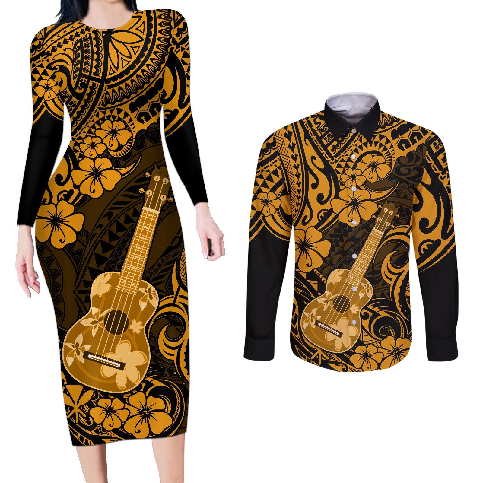 Hawaii Ukulele Couples Matching Long Sleeve Bodycon Dress and Long Sleeve Button Shirts Polynesian Pattern Gold Version - Wonder Print Shop