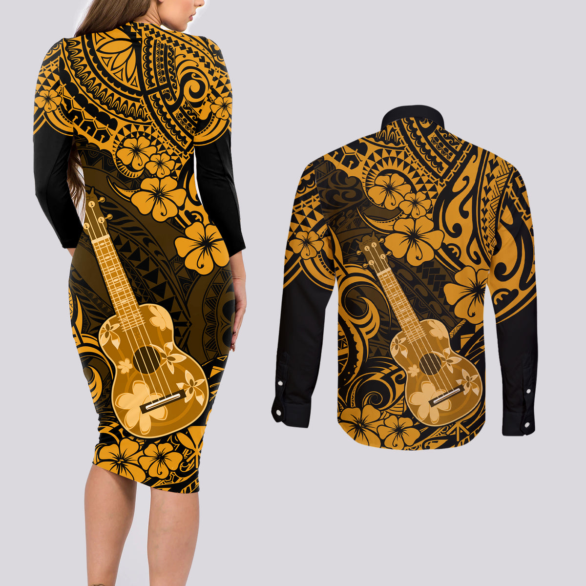 Hawaii Ukulele Couples Matching Long Sleeve Bodycon Dress and Long Sleeve Button Shirts Polynesian Pattern Gold Version - Wonder Print Shop