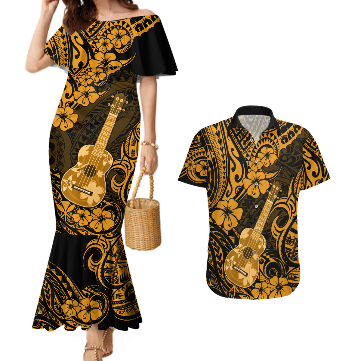 Hawaii Ukulele Couples Matching Mermaid Dress and Hawaiian Shirt Polynesian Pattern Gold Version - Wonder Print Shop