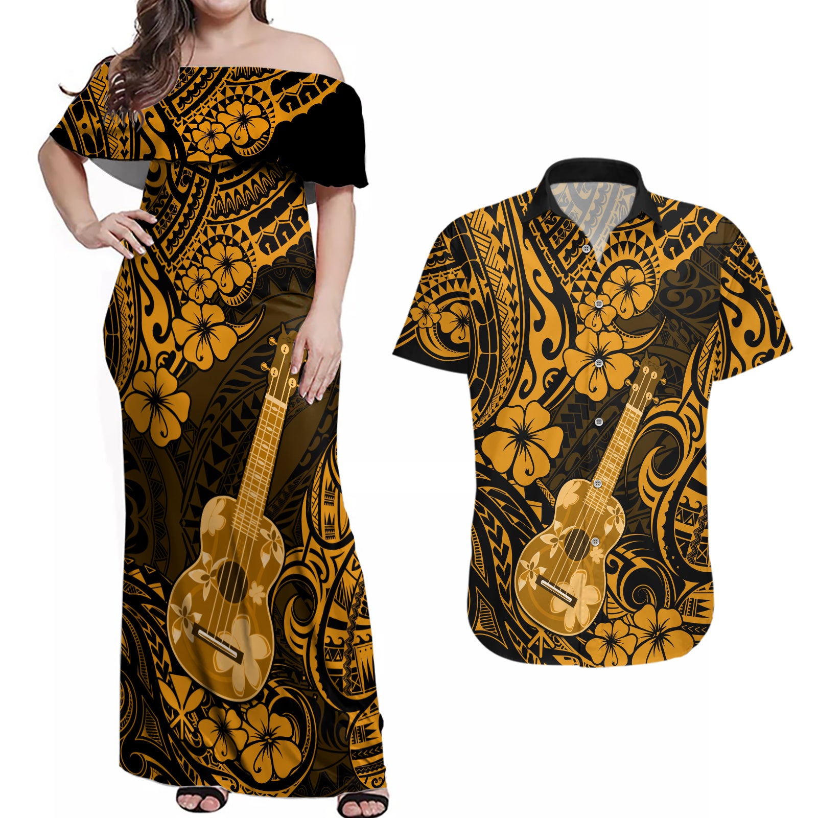 Hawaii Ukulele Couples Matching Off Shoulder Maxi Dress and Hawaiian Shirt Polynesian Pattern Gold Version - Wonder Print Shop