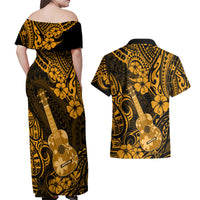 Hawaii Ukulele Couples Matching Off Shoulder Maxi Dress and Hawaiian Shirt Polynesian Pattern Gold Version - Wonder Print Shop
