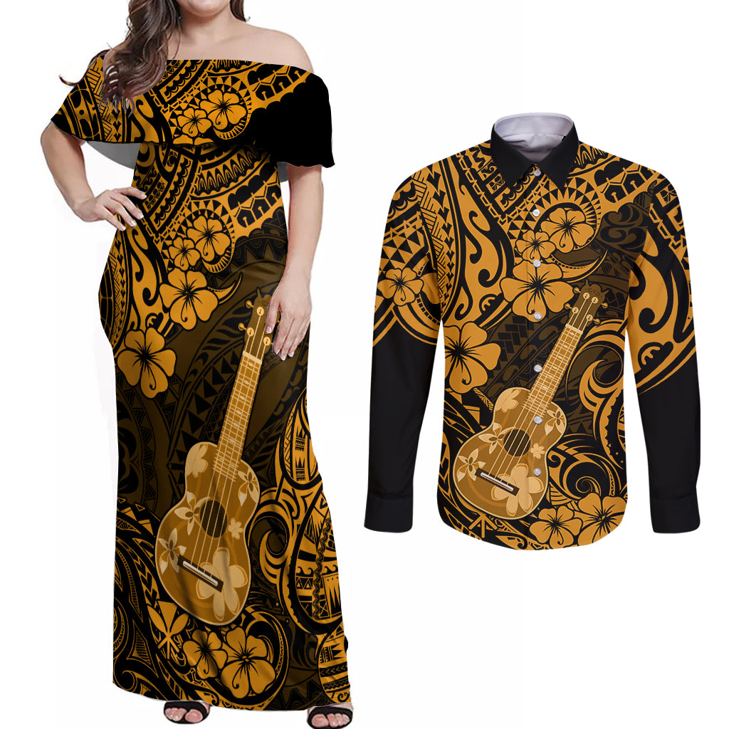 Hawaii Ukulele Couples Matching Off Shoulder Maxi Dress and Long Sleeve Button Shirts Polynesian Pattern Gold Version - Wonder Print Shop