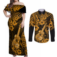 Hawaii Ukulele Couples Matching Off Shoulder Maxi Dress and Long Sleeve Button Shirts Polynesian Pattern Gold Version - Wonder Print Shop