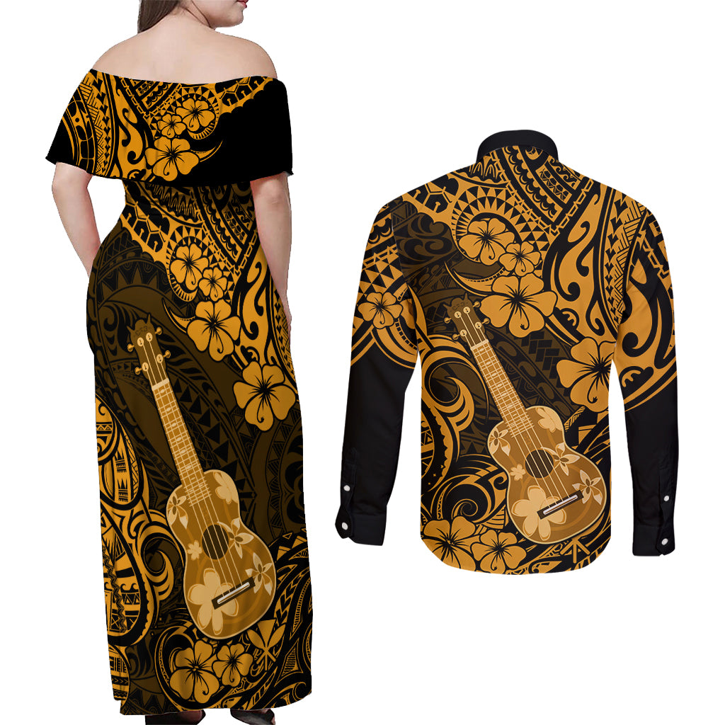 Hawaii Ukulele Couples Matching Off Shoulder Maxi Dress and Long Sleeve Button Shirts Polynesian Pattern Gold Version - Wonder Print Shop