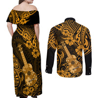 Hawaii Ukulele Couples Matching Off Shoulder Maxi Dress and Long Sleeve Button Shirts Polynesian Pattern Gold Version - Wonder Print Shop