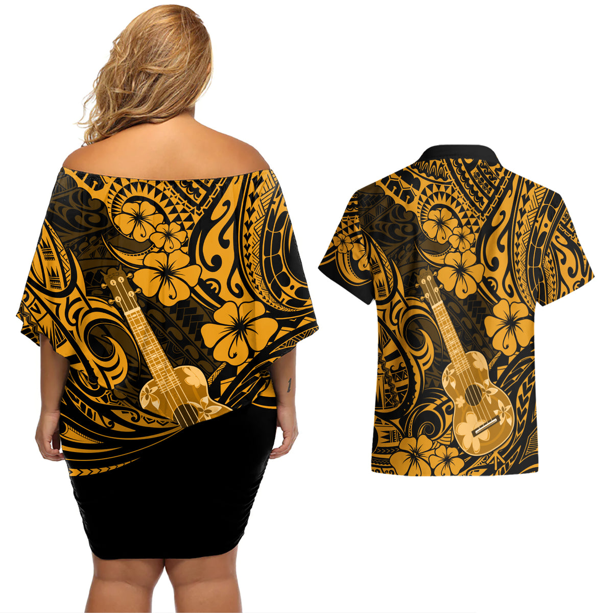 Hawaii Ukulele Couples Matching Off Shoulder Short Dress and Hawaiian Shirt Polynesian Pattern Gold Version - Wonder Print Shop
