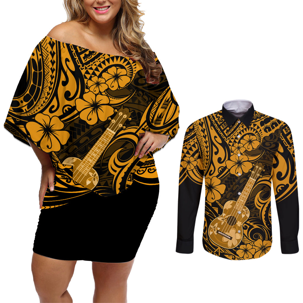 Hawaii Ukulele Couples Matching Off Shoulder Short Dress and Long Sleeve Button Shirts Polynesian Pattern Gold Version - Wonder Print Shop