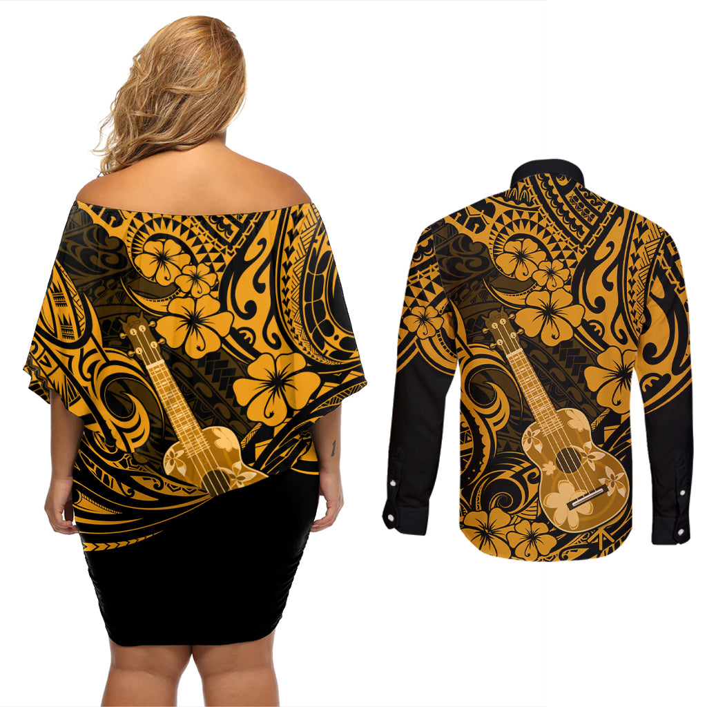 Hawaii Ukulele Couples Matching Off Shoulder Short Dress and Long Sleeve Button Shirts Polynesian Pattern Gold Version - Wonder Print Shop