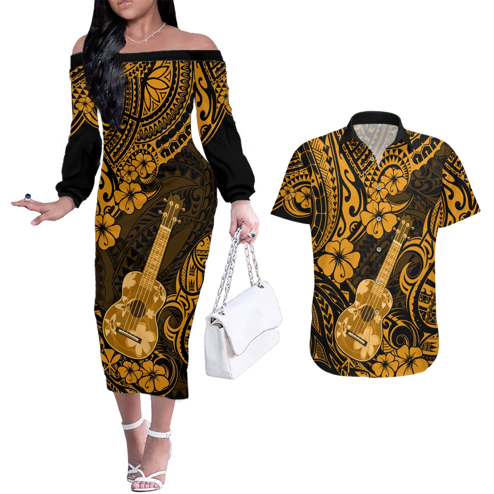 Hawaii Ukulele Couples Matching Off The Shoulder Long Sleeve Dress and Hawaiian Shirt Polynesian Pattern Gold Version - Wonder Print Shop