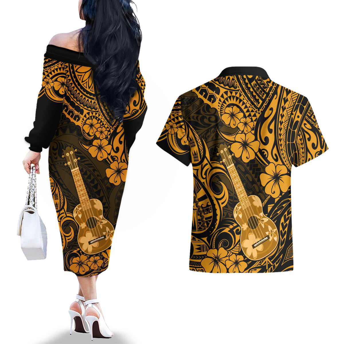 Hawaii Ukulele Couples Matching Off The Shoulder Long Sleeve Dress and Hawaiian Shirt Polynesian Pattern Gold Version - Wonder Print Shop