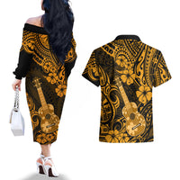 Hawaii Ukulele Couples Matching Off The Shoulder Long Sleeve Dress and Hawaiian Shirt Polynesian Pattern Gold Version - Wonder Print Shop