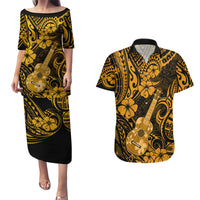 Hawaii Ukulele Couples Matching Puletasi Dress and Hawaiian Shirt Polynesian Pattern Gold Version - Wonder Print Shop