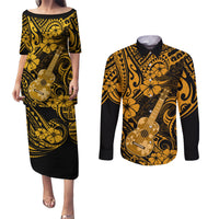 Hawaii Ukulele Couples Matching Puletasi Dress and Long Sleeve Button Shirts Polynesian Pattern Gold Version - Wonder Print Shop