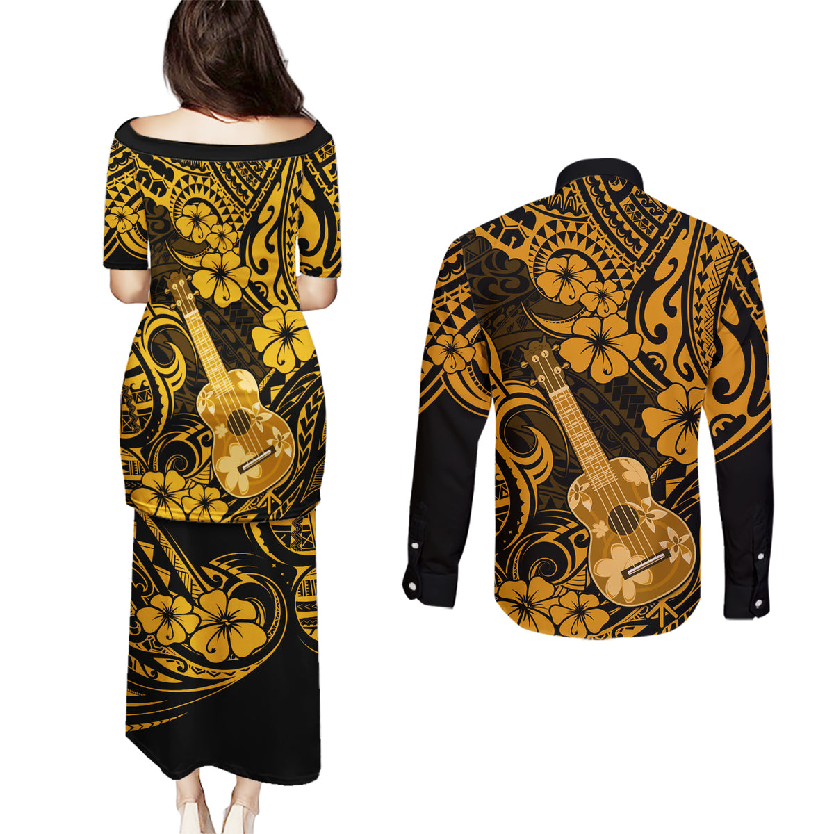 Hawaii Ukulele Couples Matching Puletasi Dress and Long Sleeve Button Shirts Polynesian Pattern Gold Version - Wonder Print Shop