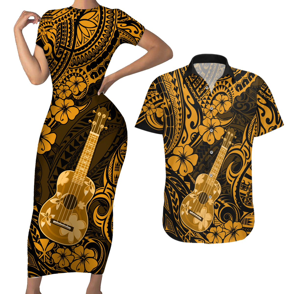 Hawaii Ukulele Couples Matching Short Sleeve Bodycon Dress and Hawaiian Shirt Polynesian Pattern Gold Version - Wonder Print Shop