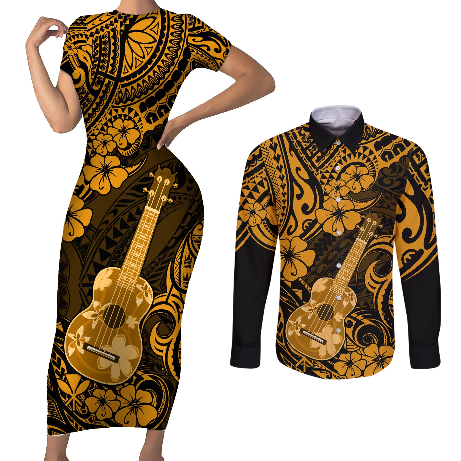 Hawaii Ukulele Couples Matching Short Sleeve Bodycon Dress and Long Sleeve Button Shirts Polynesian Pattern Gold Version - Wonder Print Shop