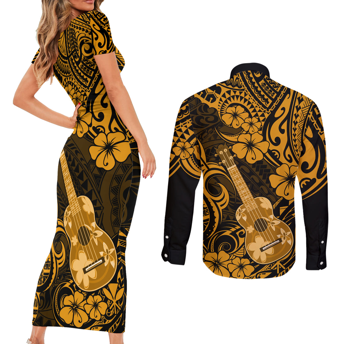 Hawaii Ukulele Couples Matching Short Sleeve Bodycon Dress and Long Sleeve Button Shirts Polynesian Pattern Gold Version - Wonder Print Shop