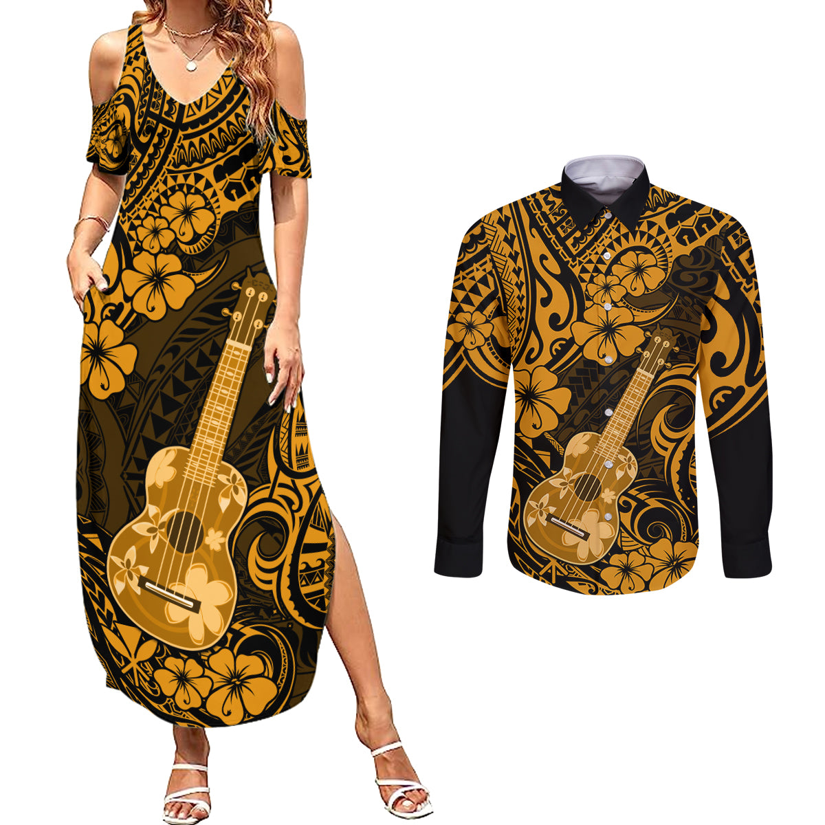Hawaii Ukulele Couples Matching Summer Maxi Dress and Long Sleeve Button Shirts Polynesian Pattern Gold Version - Wonder Print Shop