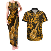 Hawaii Ukulele Couples Matching Tank Maxi Dress and Hawaiian Shirt Polynesian Pattern Gold Version - Wonder Print Shop