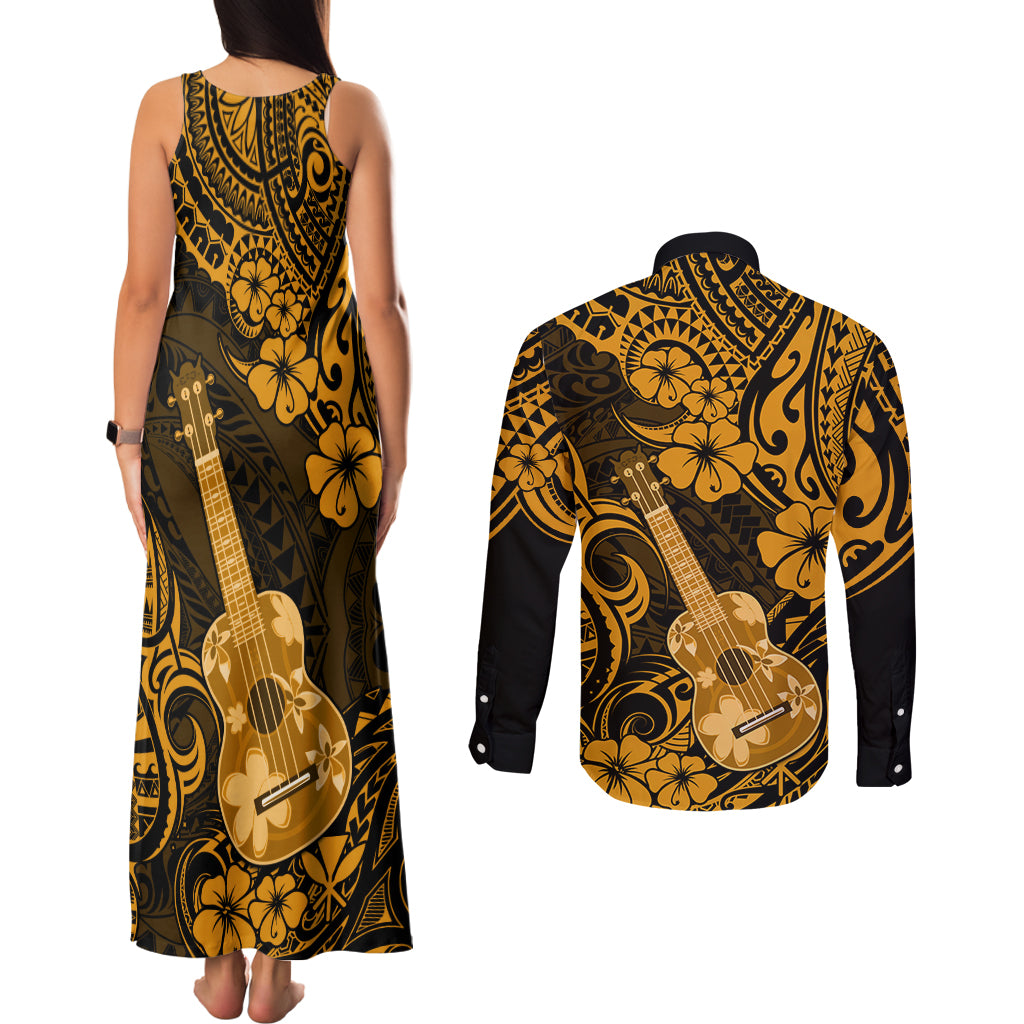Hawaii Ukulele Couples Matching Tank Maxi Dress and Long Sleeve Button Shirts Polynesian Pattern Gold Version - Wonder Print Shop