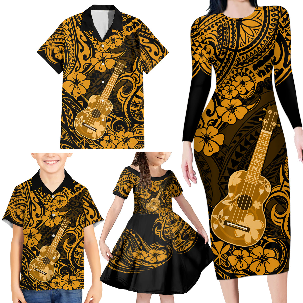 Hawaii Ukulele Family Matching Long Sleeve Bodycon Dress and Hawaiian Shirt Polynesian Pattern Gold Version - Wonder Print Shop