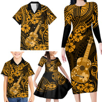Hawaii Ukulele Family Matching Long Sleeve Bodycon Dress and Hawaiian Shirt Polynesian Pattern Gold Version - Wonder Print Shop