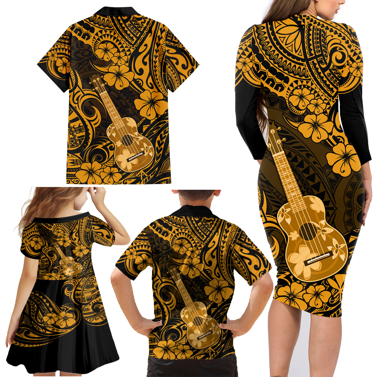 Hawaii Ukulele Family Matching Long Sleeve Bodycon Dress and Hawaiian Shirt Polynesian Pattern Gold Version - Wonder Print Shop