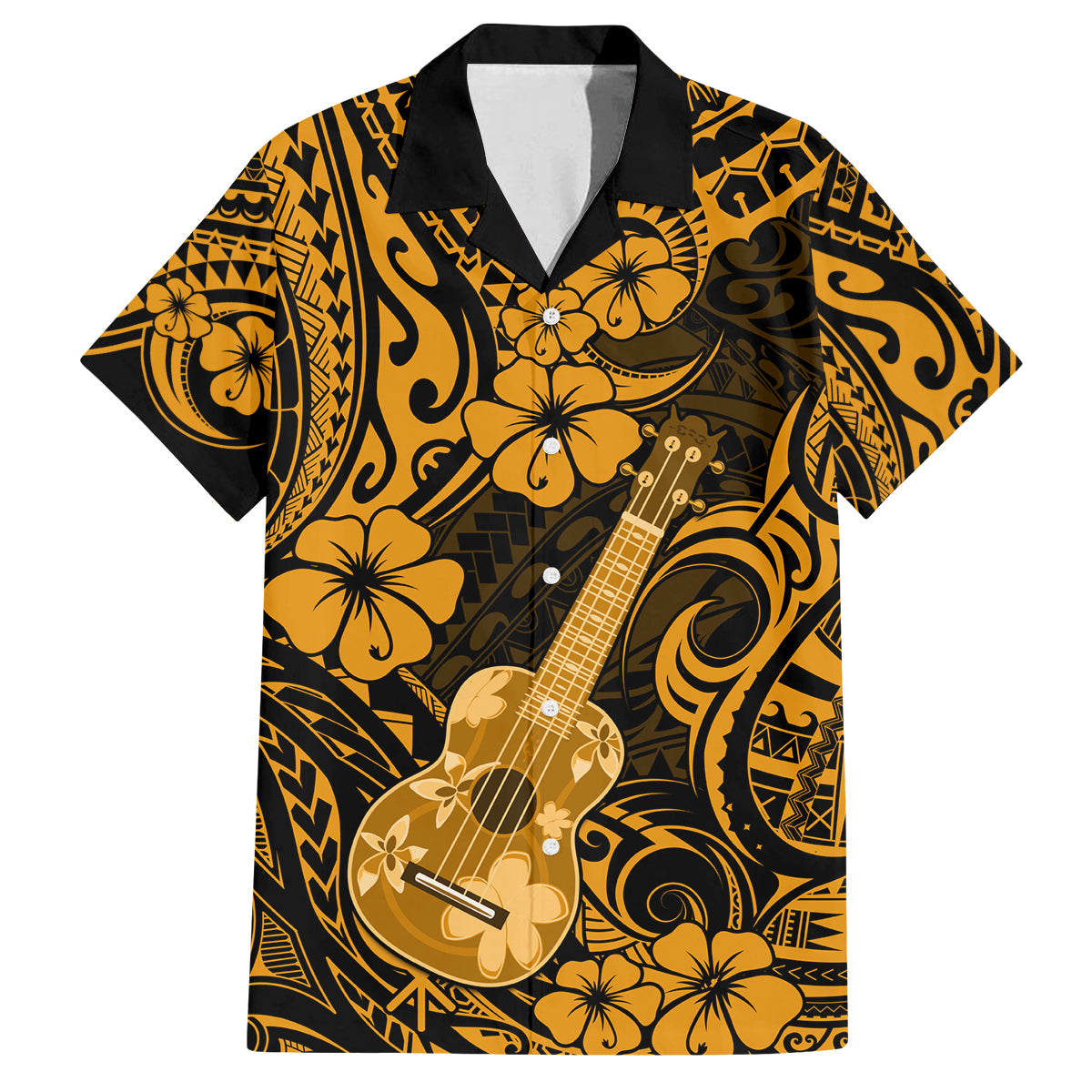 Hawaii Ukulele Family Matching Long Sleeve Bodycon Dress and Hawaiian Shirt Polynesian Pattern Gold Version - Wonder Print Shop