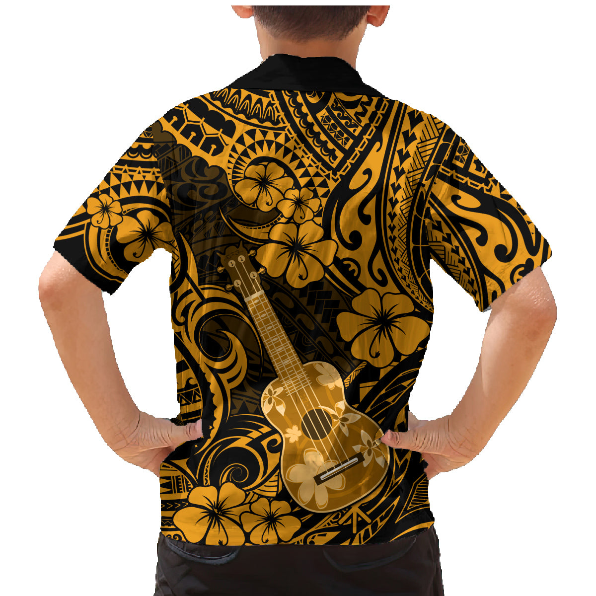 Hawaii Ukulele Family Matching Mermaid Dress and Hawaiian Shirt Polynesian Pattern Gold Version - Wonder Print Shop