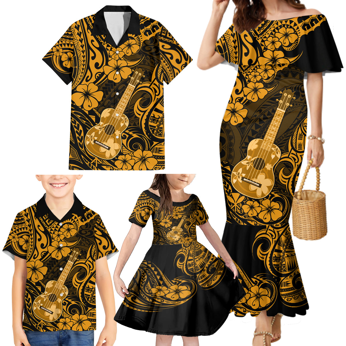 Hawaii Ukulele Family Matching Mermaid Dress and Hawaiian Shirt Polynesian Pattern Gold Version - Wonder Print Shop