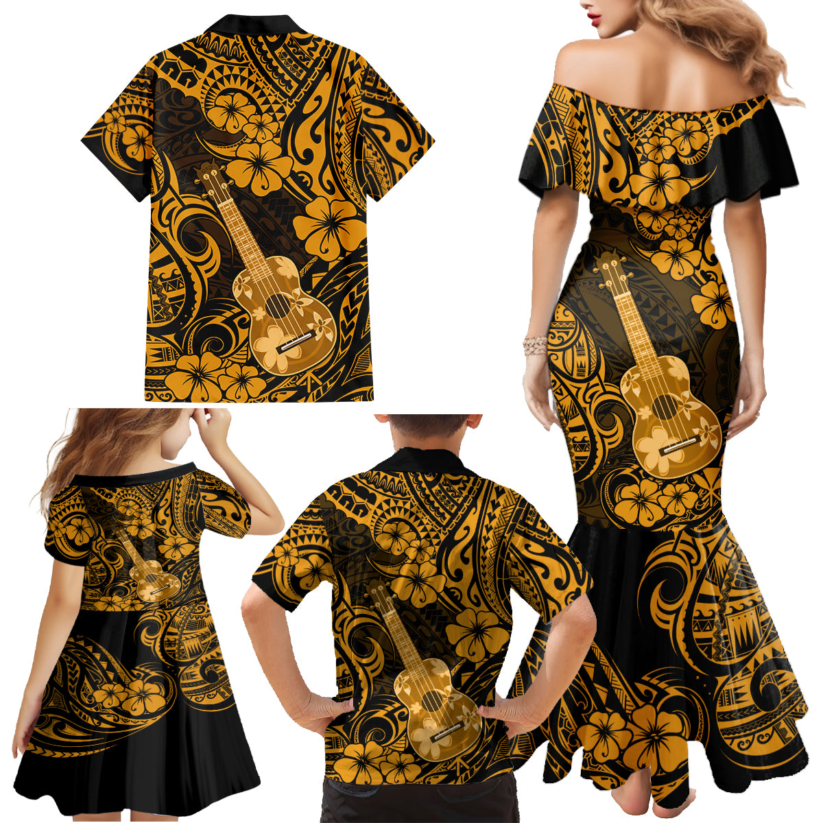 Hawaii Ukulele Family Matching Mermaid Dress and Hawaiian Shirt Polynesian Pattern Gold Version - Wonder Print Shop