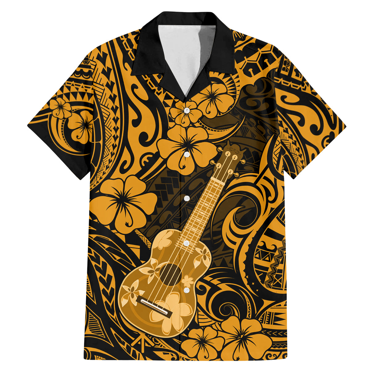 Hawaii Ukulele Family Matching Mermaid Dress and Hawaiian Shirt Polynesian Pattern Gold Version - Wonder Print Shop