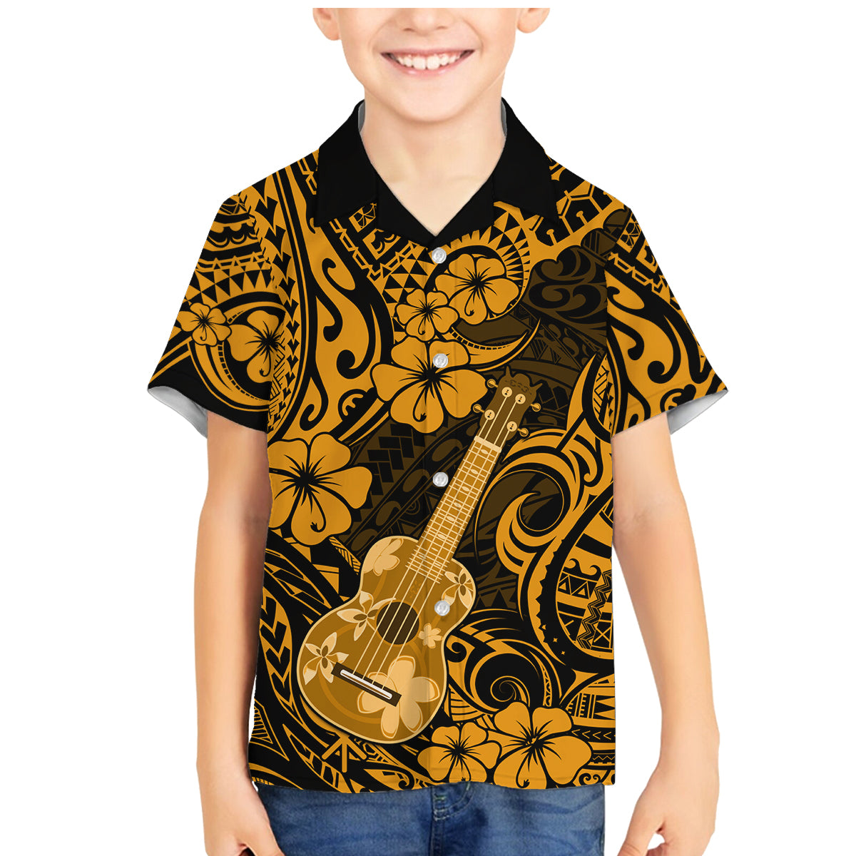Hawaii Ukulele Family Matching Mermaid Dress and Hawaiian Shirt Polynesian Pattern Gold Version - Wonder Print Shop