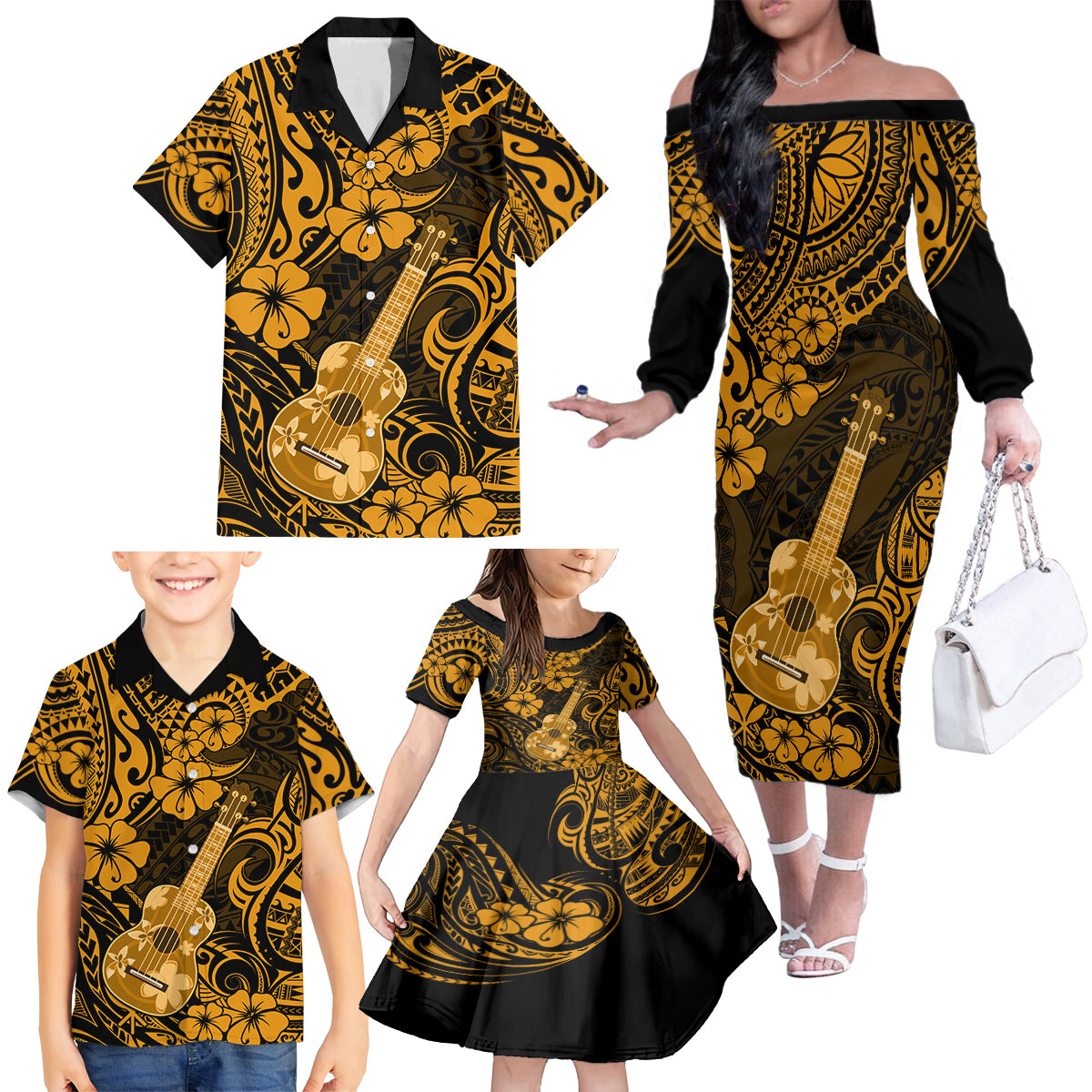 Hawaii Ukulele Family Matching Off Shoulder Long Sleeve Dress and Hawaiian Shirt Polynesian Pattern Gold Version - Wonder Print Shop
