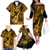 Hawaii Ukulele Family Matching Off Shoulder Long Sleeve Dress and Hawaiian Shirt Polynesian Pattern Gold Version - Wonder Print Shop