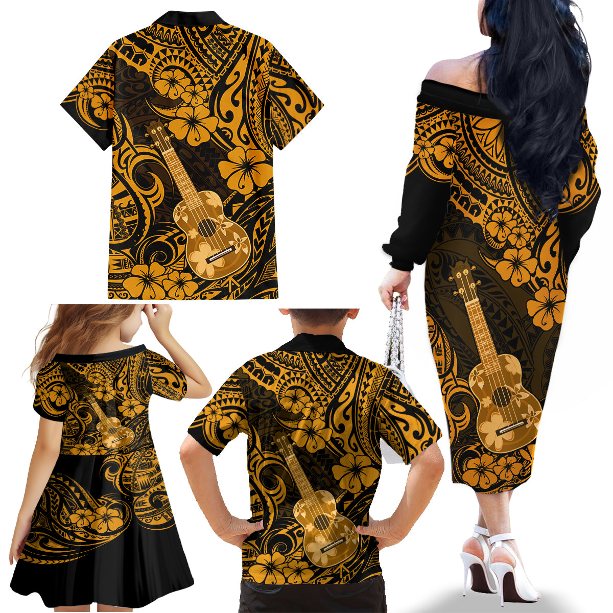 Hawaii Ukulele Family Matching Off Shoulder Long Sleeve Dress and Hawaiian Shirt Polynesian Pattern Gold Version - Wonder Print Shop