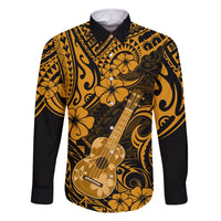 Hawaii Ukulele Family Matching Off Shoulder Long Sleeve Dress and Hawaiian Shirt Polynesian Pattern Gold Version - Wonder Print Shop