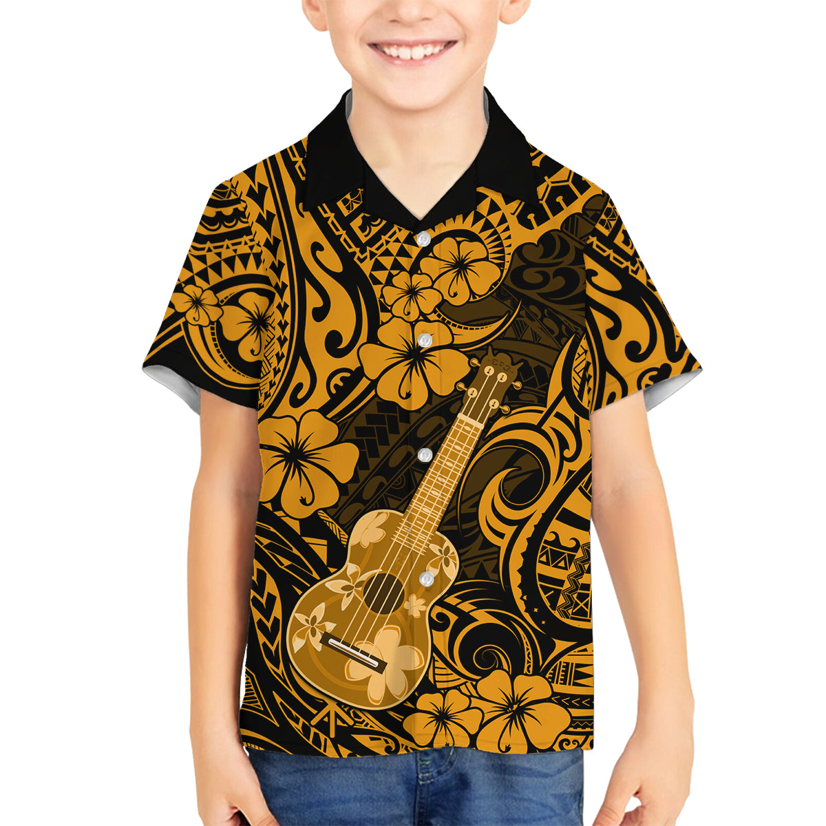 Hawaii Ukulele Family Matching Off Shoulder Long Sleeve Dress and Hawaiian Shirt Polynesian Pattern Gold Version - Wonder Print Shop