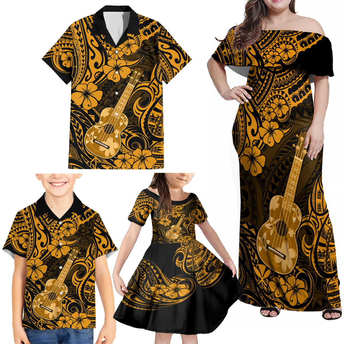 Hawaii Ukulele Family Matching Off Shoulder Maxi Dress and Hawaiian Shirt Polynesian Pattern Gold Version - Wonder Print Shop