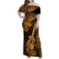 Hawaii Ukulele Family Matching Off Shoulder Maxi Dress and Hawaiian Shirt Polynesian Pattern Gold Version - Wonder Print Shop