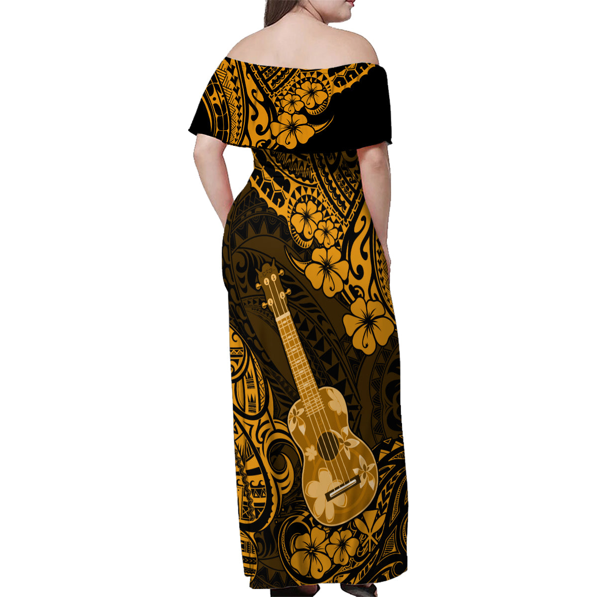 Hawaii Ukulele Family Matching Off Shoulder Maxi Dress and Hawaiian Shirt Polynesian Pattern Gold Version - Wonder Print Shop