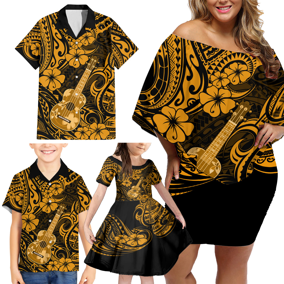 Hawaii Ukulele Family Matching Off Shoulder Short Dress and Hawaiian Shirt Polynesian Pattern Gold Version - Wonder Print Shop